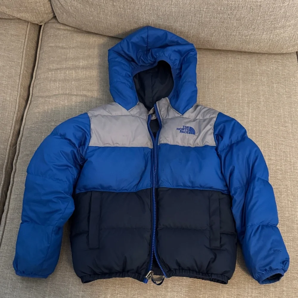 Kids North Face Navy Reversible Down Hooded Jacket - Picture 3 of 7
